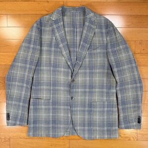 Boglioli K-Jacket Mens 56 IT Blue Grey Plaid Linen Silk Cotton Blazer Italy